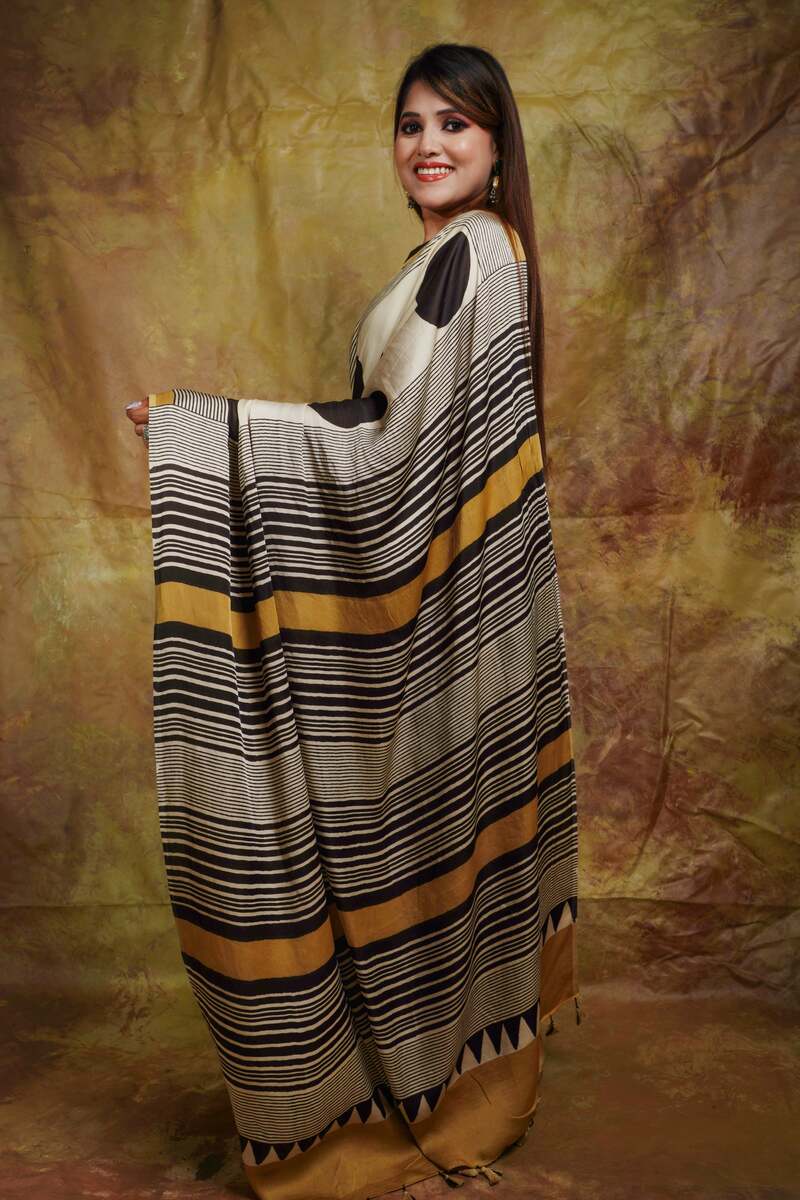 Verdant Beige Digital Printed Crape Silk Saree With Glamorous Blouse Piece
