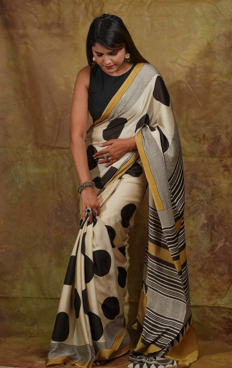 Verdant Beige Digital Printed Crape Silk Saree With Glamorous Blouse Piece