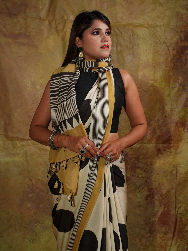 Verdant Beige Digital Printed Crape Silk Saree With Glamorous Blouse Piece