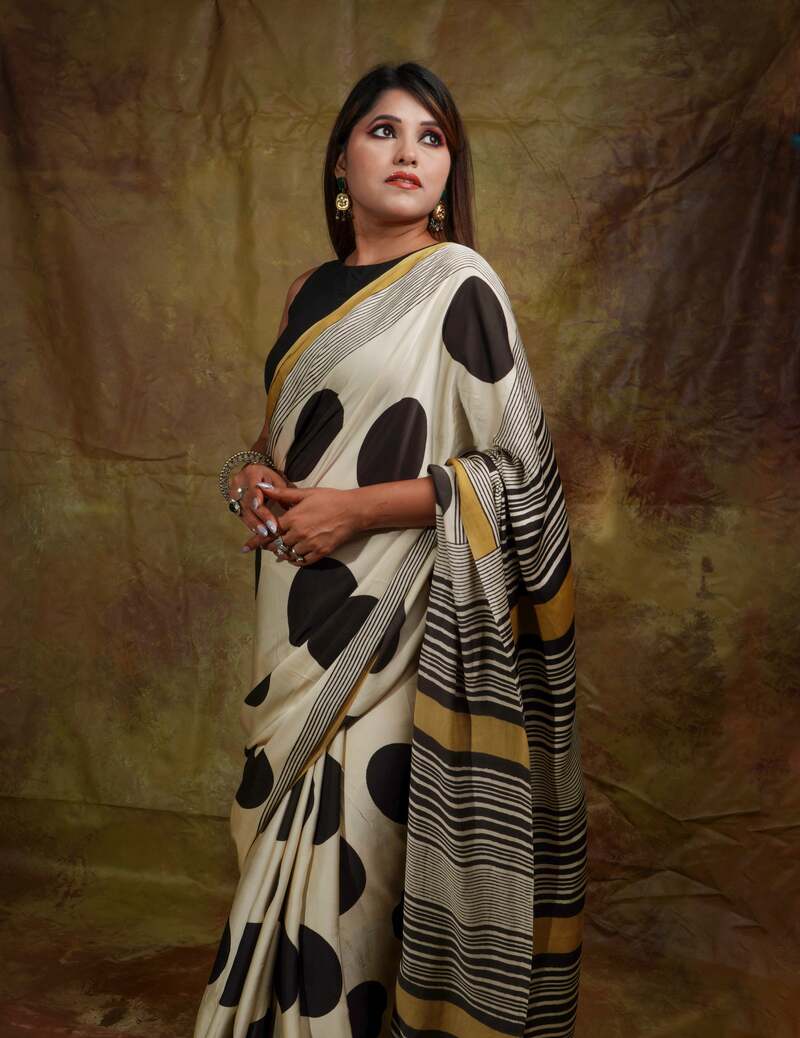 Verdant Beige Digital Printed Crape Silk Saree With Glamorous Blouse Piece