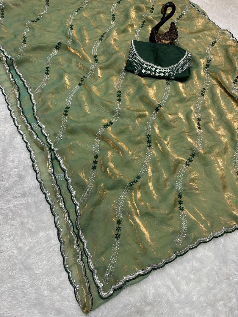 Mesmeric Green Sequence Work Fandy Silk Saree With Improbable Blouse Piece