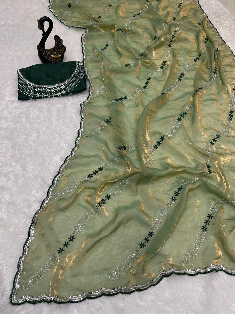 Mesmeric Green Sequence Work Fandy Silk Saree With Improbable Blouse Piece