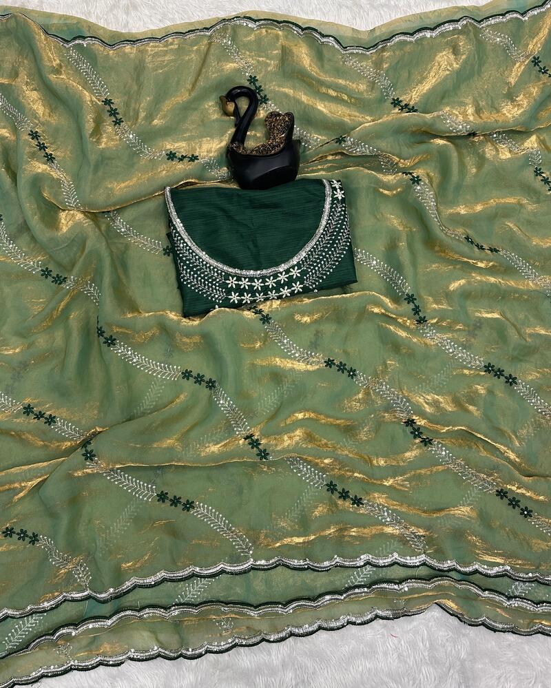 Mesmeric Green Sequence Work Fandy Silk Saree With Improbable Blouse Piece