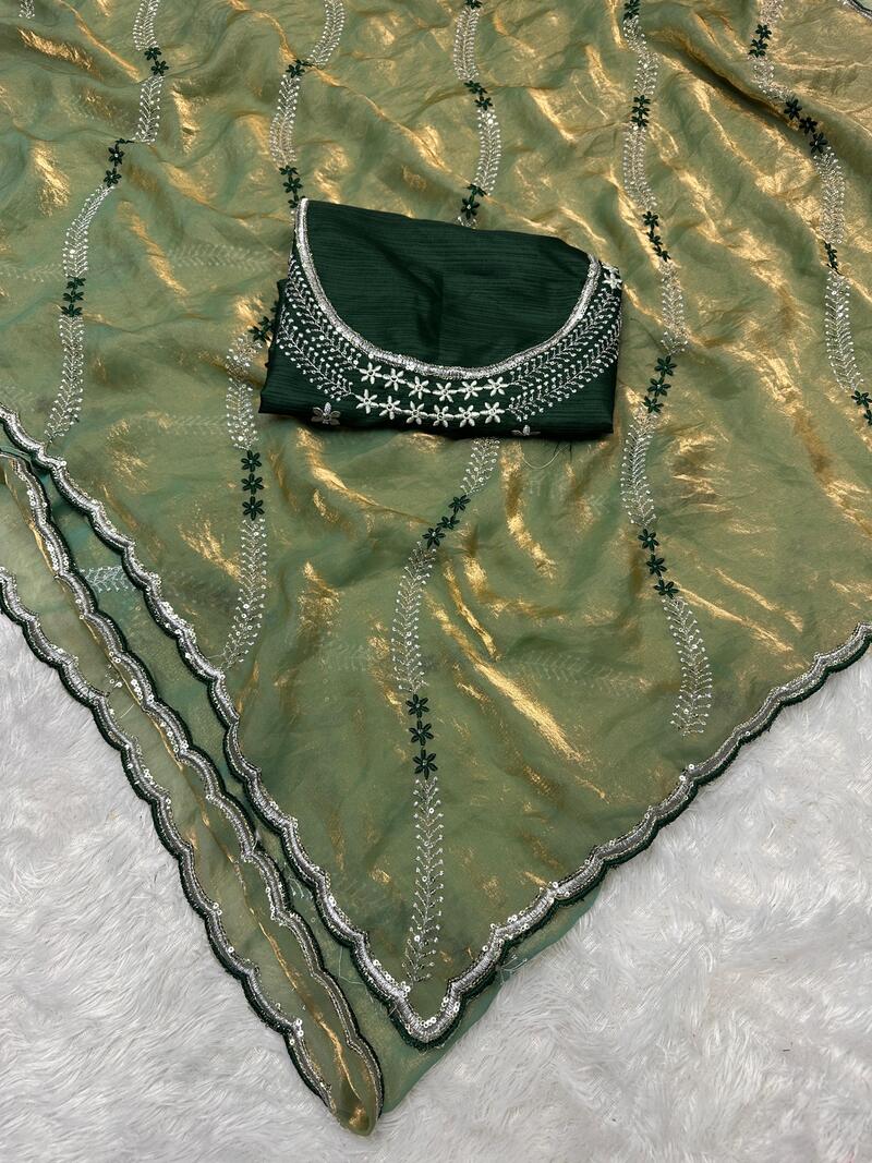 Mesmeric Green Sequence Work Fandy Silk Saree With Improbable Blouse Piece