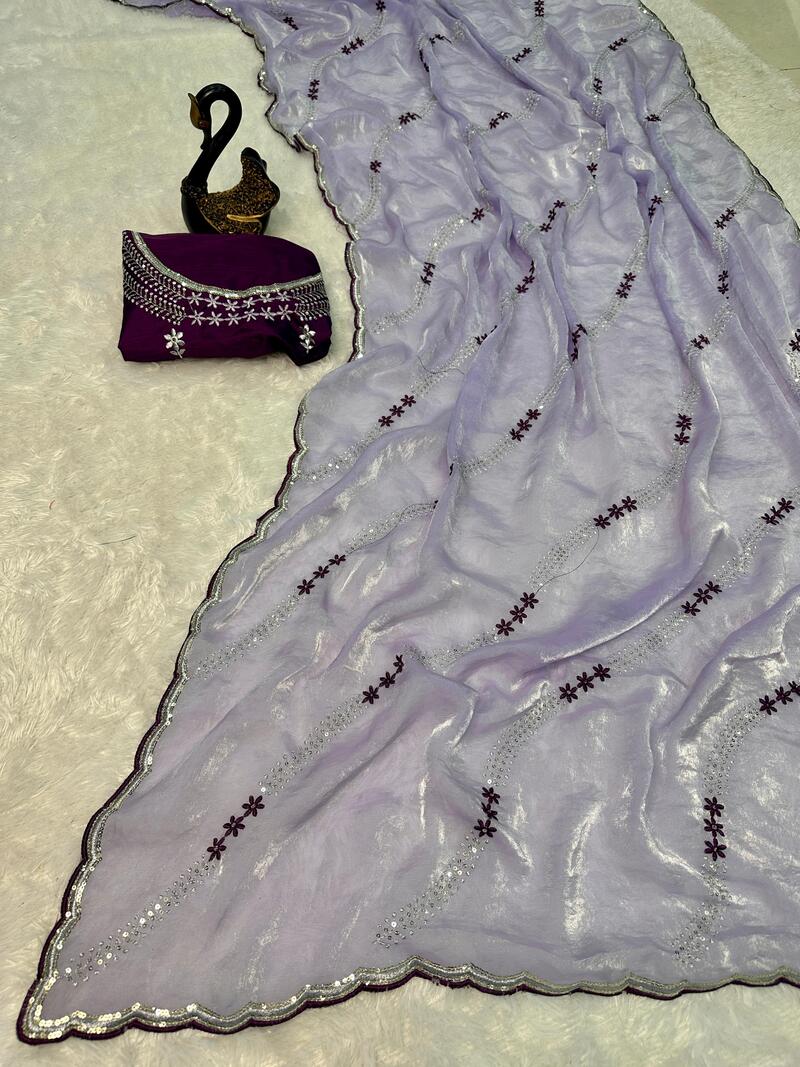 Lassitude Lavender Sequence Work Fandy Silk Saree With Embellished Blouse Piece