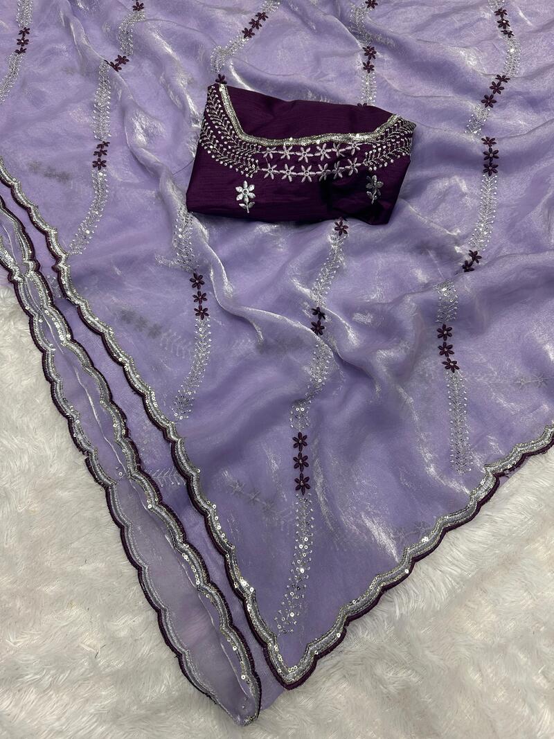 Lassitude Lavender Sequence Work Fandy Silk Saree With Embellished Blouse Piece