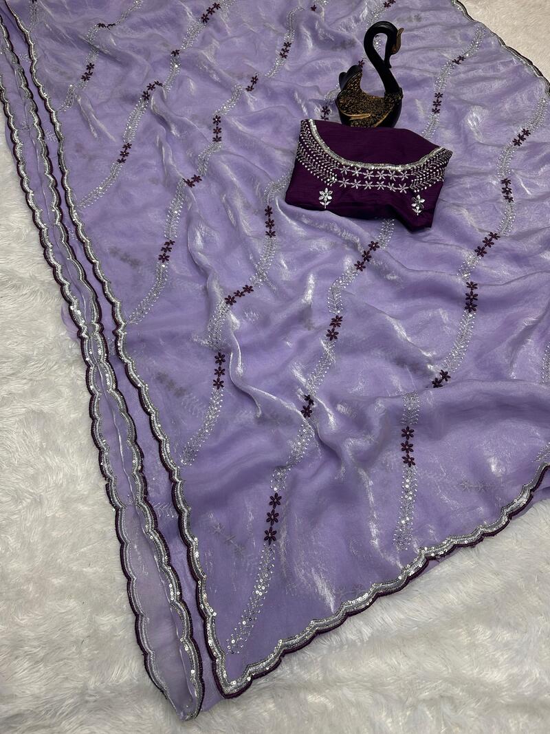 Lassitude Lavender Sequence Work Fandy Silk Saree With Embellished Blouse Piece