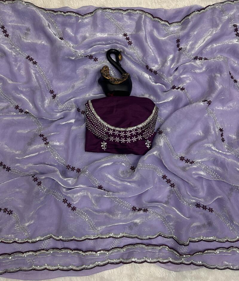 Lassitude Lavender Sequence Work Fandy Silk Saree With Embellished Blouse Piece