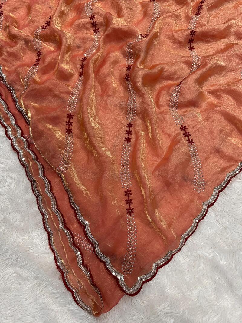 Delectable Orange Sequence Work Fandy Silk Saree With Stylish Blouse Piece