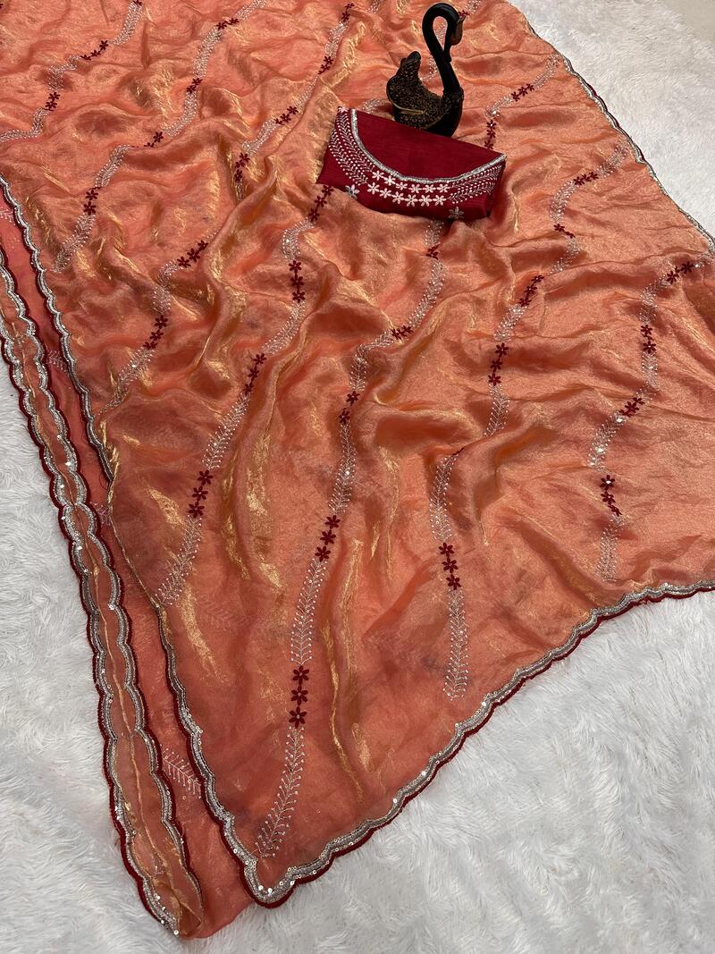 Delectable Orange Sequence Work Fandy Silk Saree With Stylish Blouse Piece