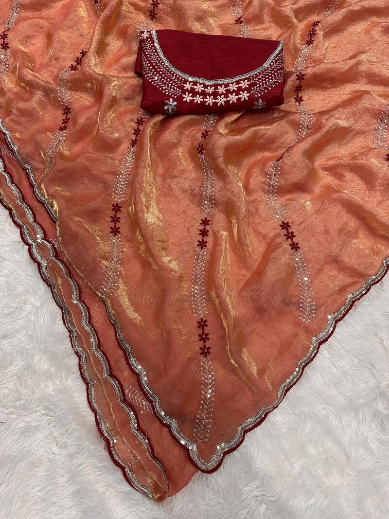 Delectable Orange Sequence Work Fandy Silk Saree With Stylish Blouse Piece