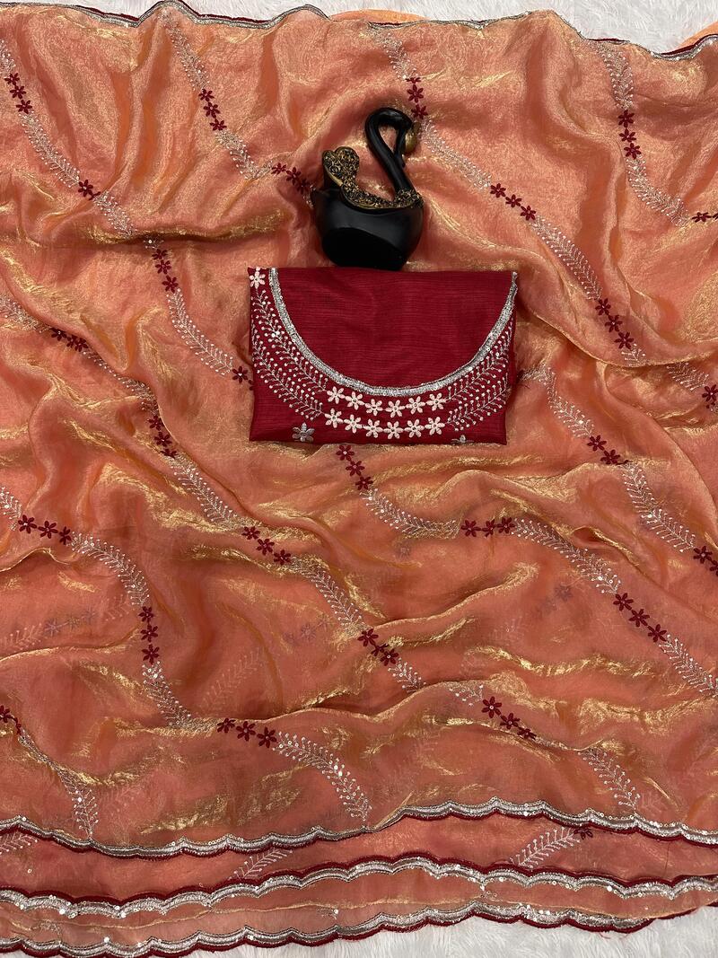 Delectable Orange Sequence Work Fandy Silk Saree With Stylish Blouse Piece