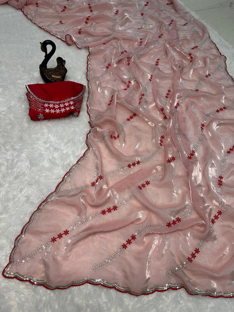 Skinny Peach Sequence Work Fandy Silk Saree With Murmurous Blouse Piece