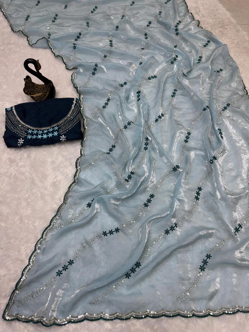 Bewitching Sky Sequence Work Fandy Silk Saree With Ideal Blouse Piece