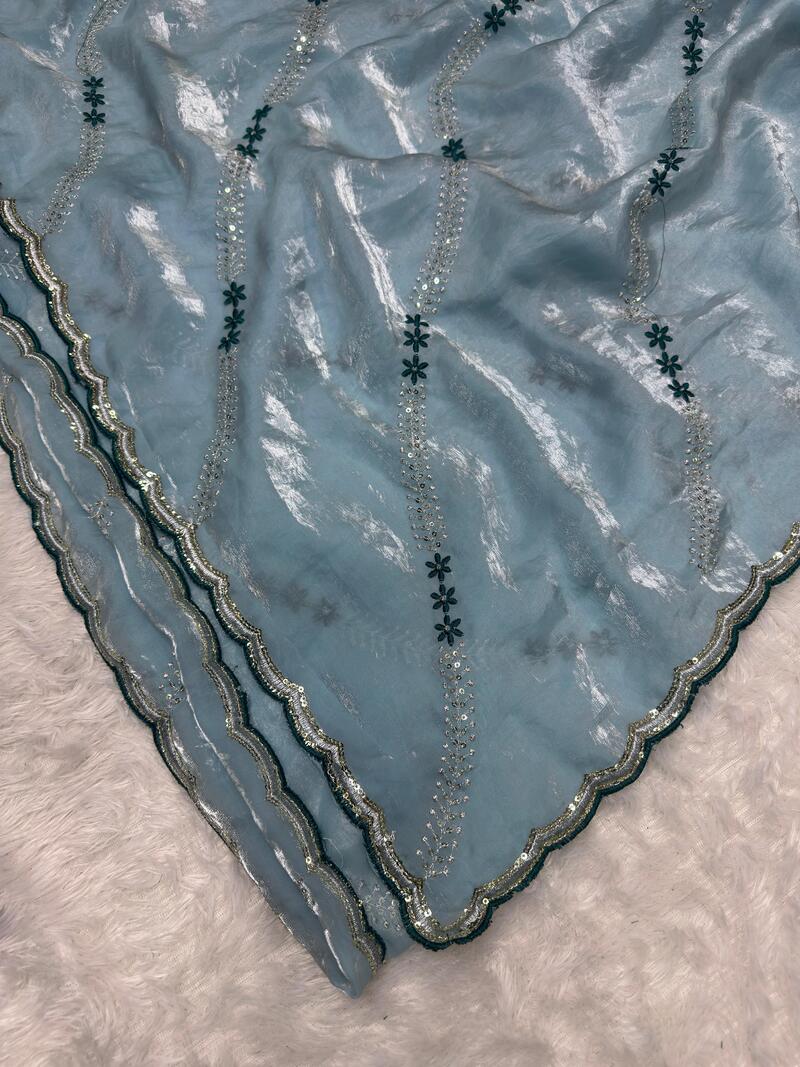 Bewitching Sky Sequence Work Fandy Silk Saree With Ideal Blouse Piece