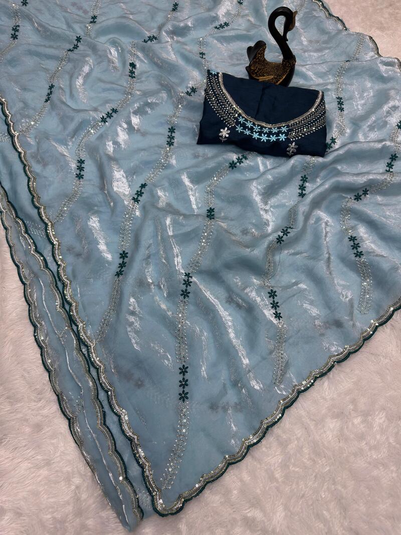 Bewitching Sky Sequence Work Fandy Silk Saree With Ideal Blouse Piece