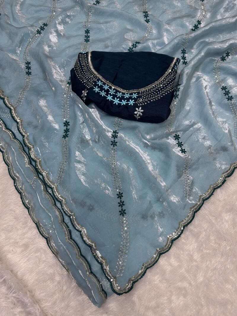 Bewitching Sky Sequence Work Fandy Silk Saree With Ideal Blouse Piece