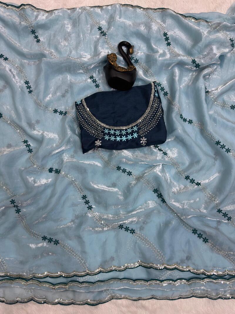 Bewitching Sky Sequence Work Fandy Silk Saree With Ideal Blouse Piece