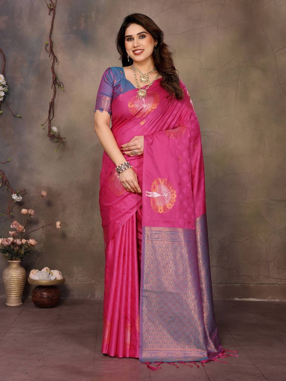 Trendy Dark Pink Soft Banarasi Silk Saree With Bewitching Blouse Piece