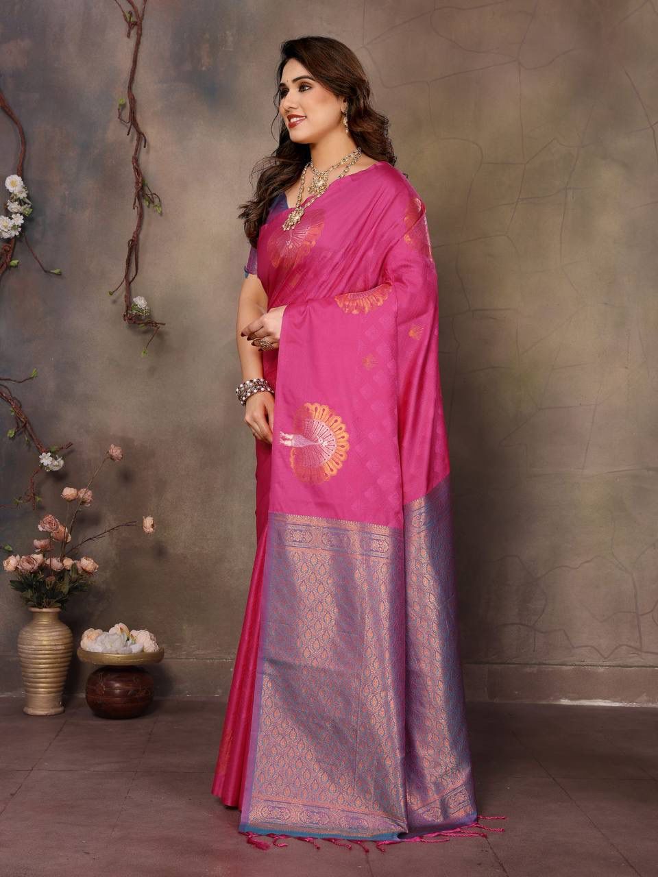 Trendy Dark Pink Soft Banarasi Silk Saree With Bewitching Blouse Piece