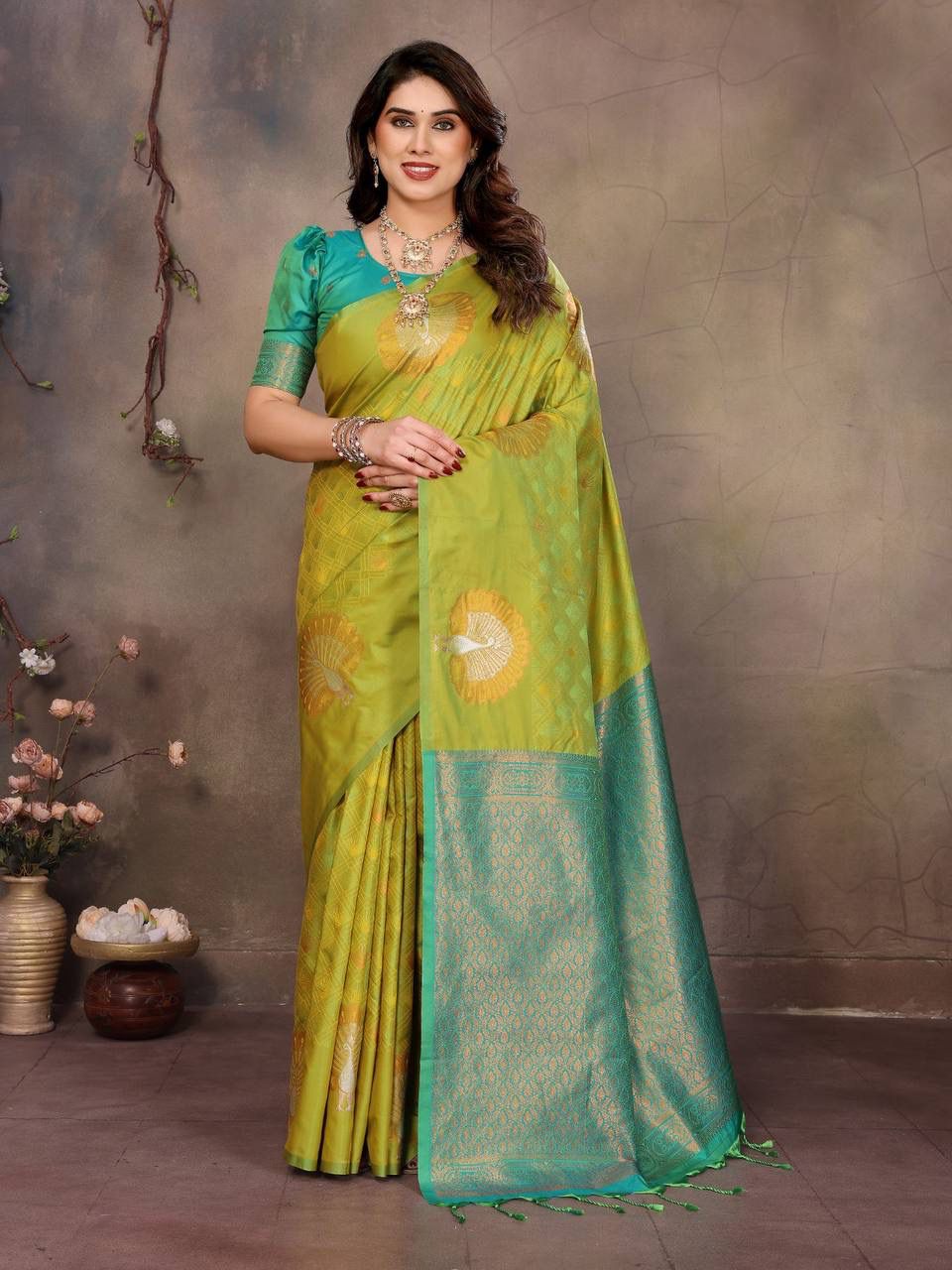 Blooming Green Soft Banarasi Silk Saree With Beleaguer Blouse Piece