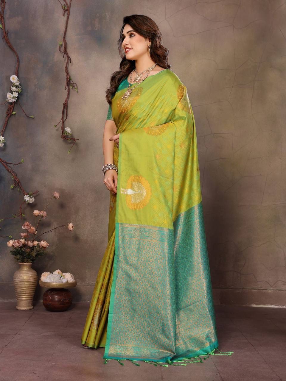 Blooming Green Soft Banarasi Silk Saree With Beleaguer Blouse Piece