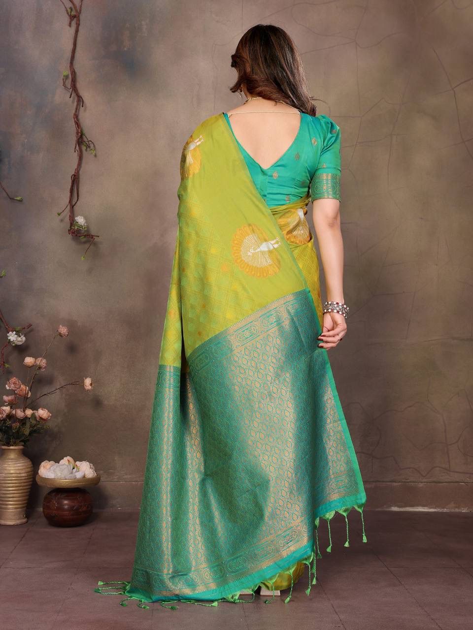 Blooming Green Soft Banarasi Silk Saree With Beleaguer Blouse Piece