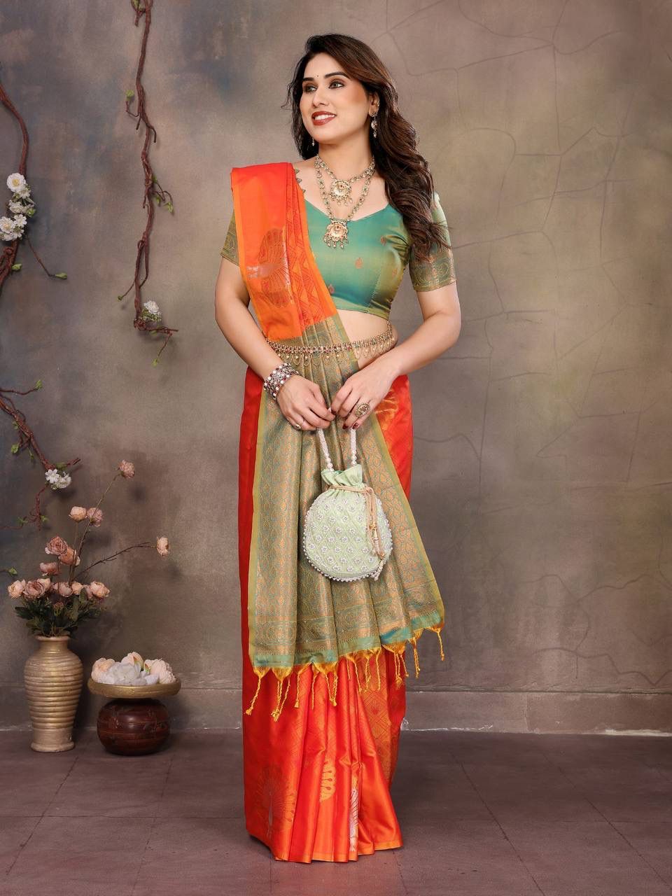 Enticing Orange Soft Banarasi Silk Saree With Extraordinary Blouse Piece