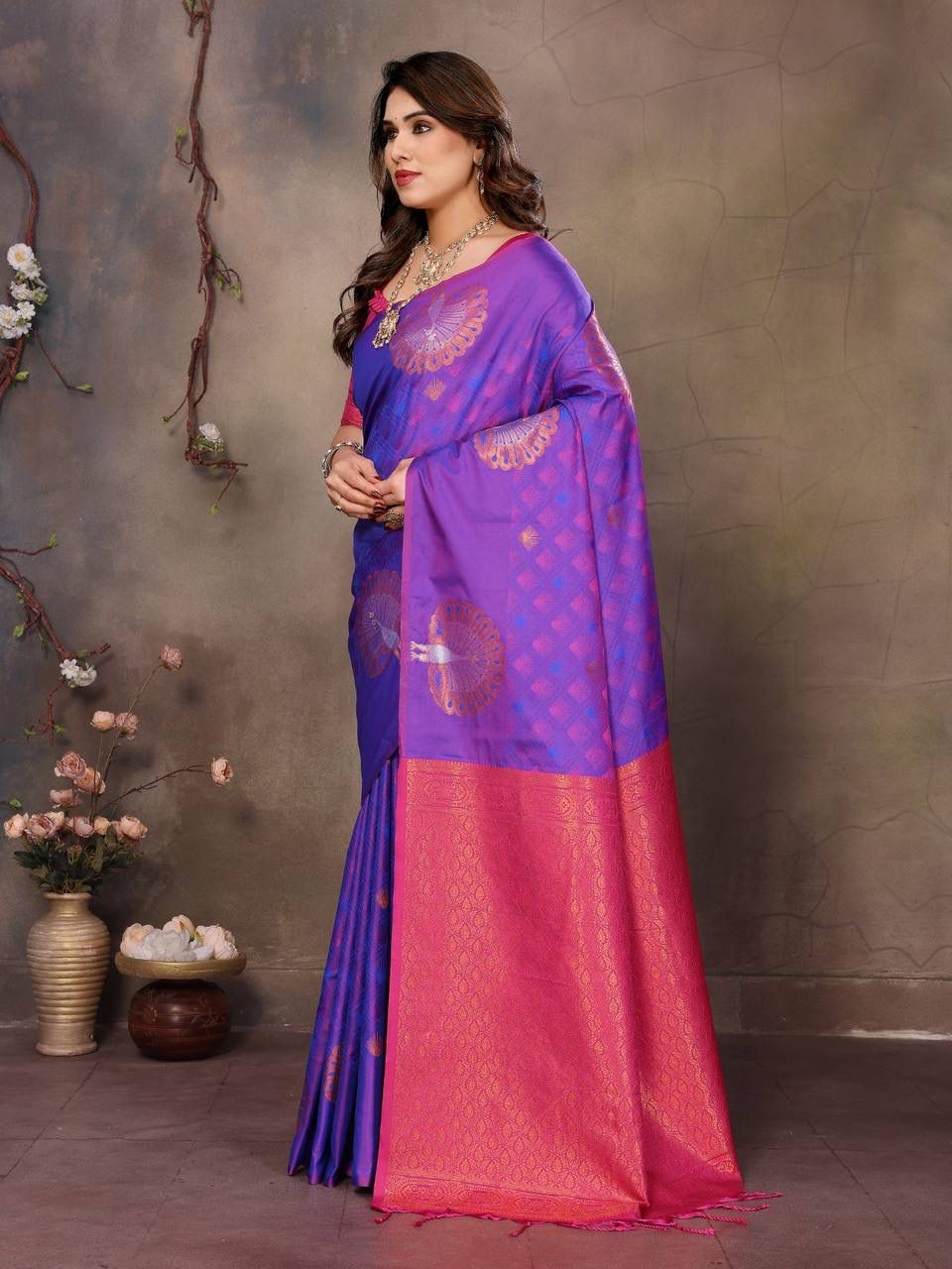 Amazing Purple Soft Banarasi Silk Saree With Profuse Blouse Piece