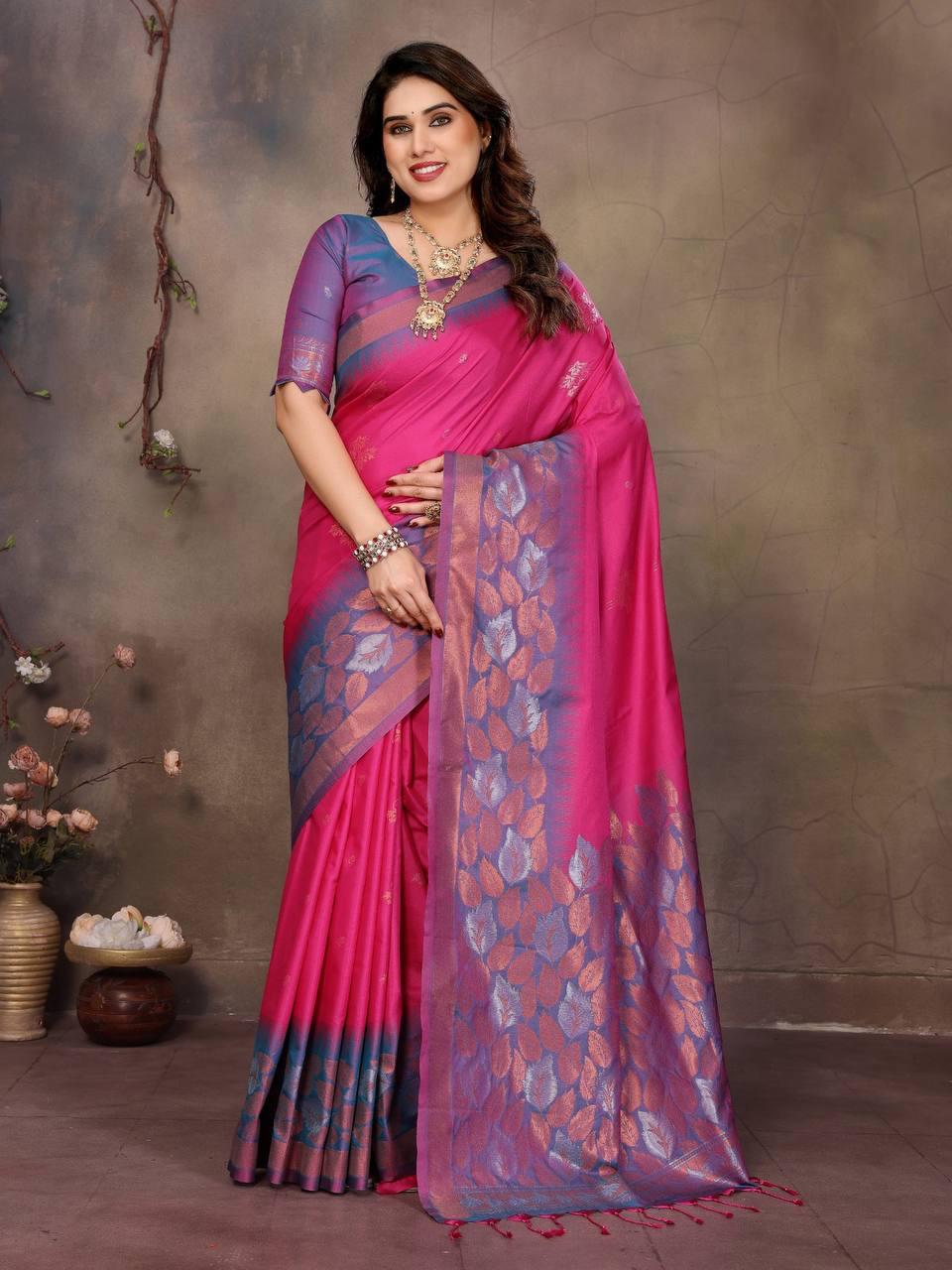 Preferable Dark Pink Soft Banarasi Silk Saree With Diaphanous Blouse Piece