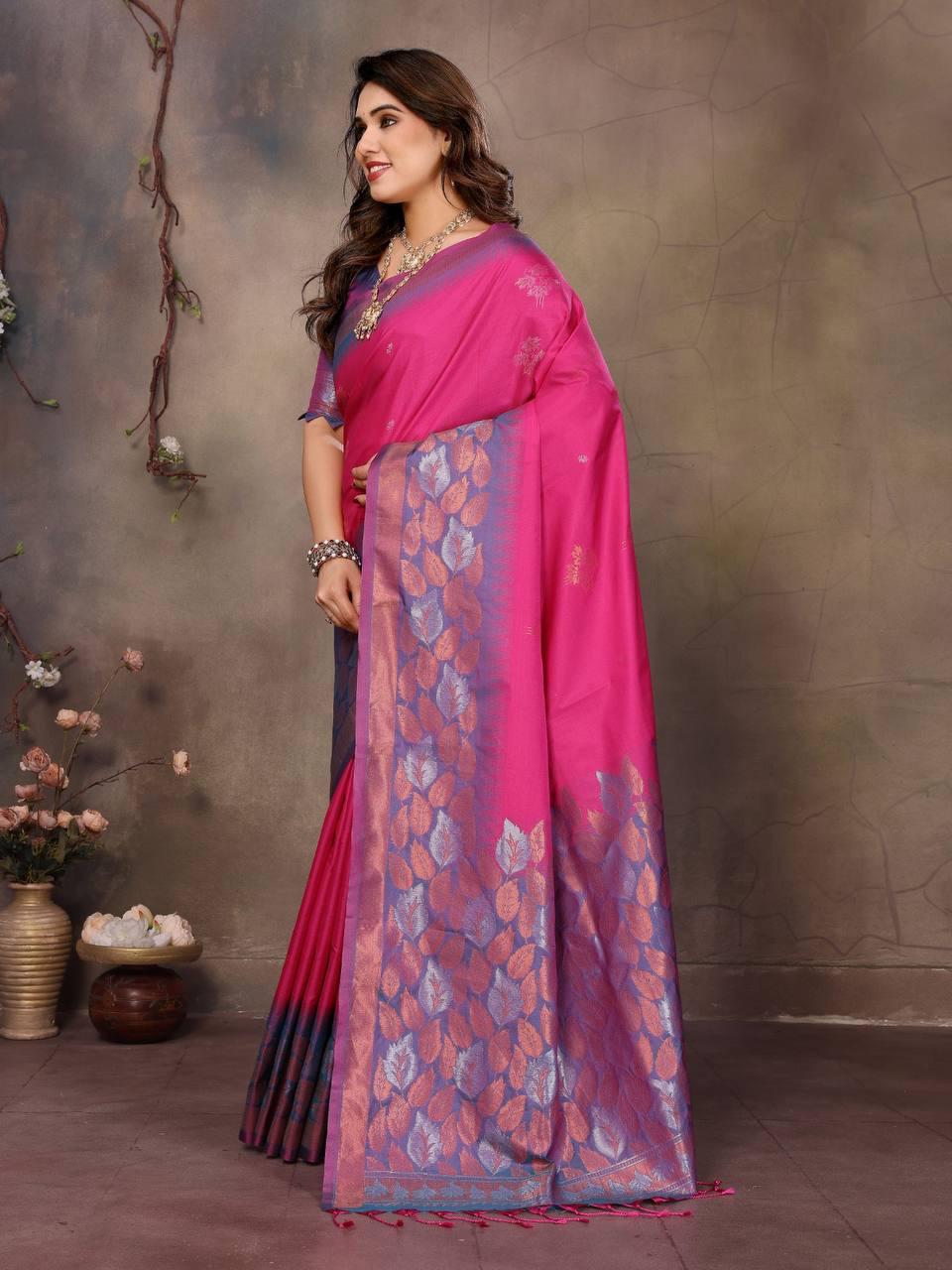 Preferable Dark Pink Soft Banarasi Silk Saree With Diaphanous Blouse Piece