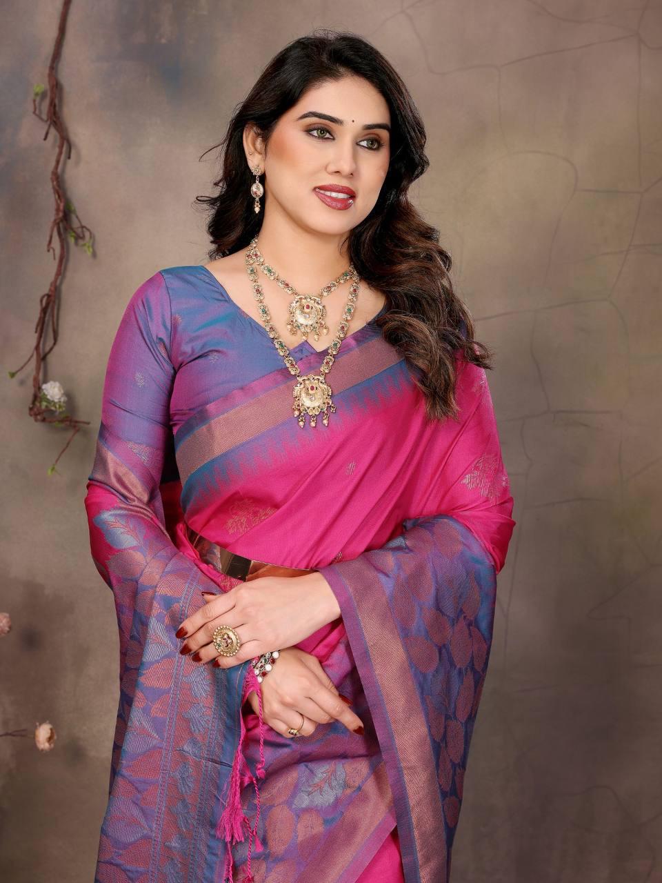 Preferable Dark Pink Soft Banarasi Silk Saree With Diaphanous Blouse Piece