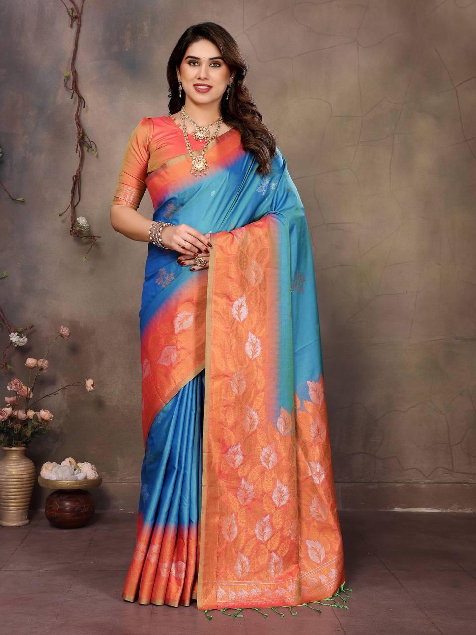 Quintessential Firozi Soft Banarasi Silk Saree With Invaluable Blouse Piece