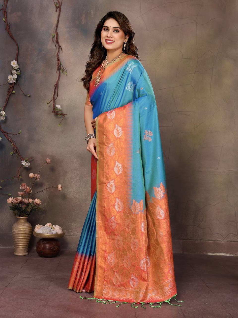 Quintessential Firozi Soft Banarasi Silk Saree With Invaluable Blouse Piece