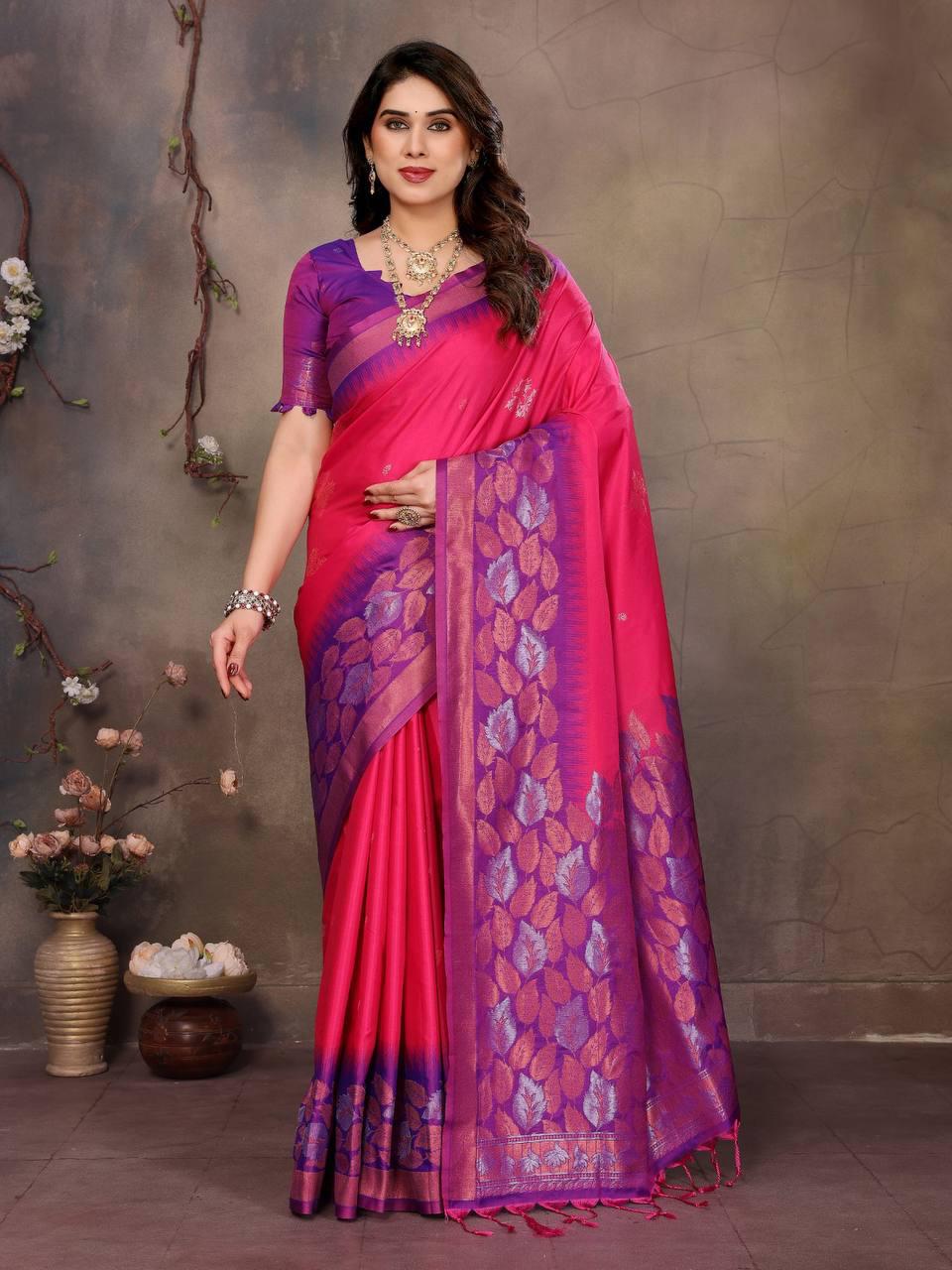 Hypnotic Magenta Soft Banarasi Silk Saree With Gossamer Blouse Piece