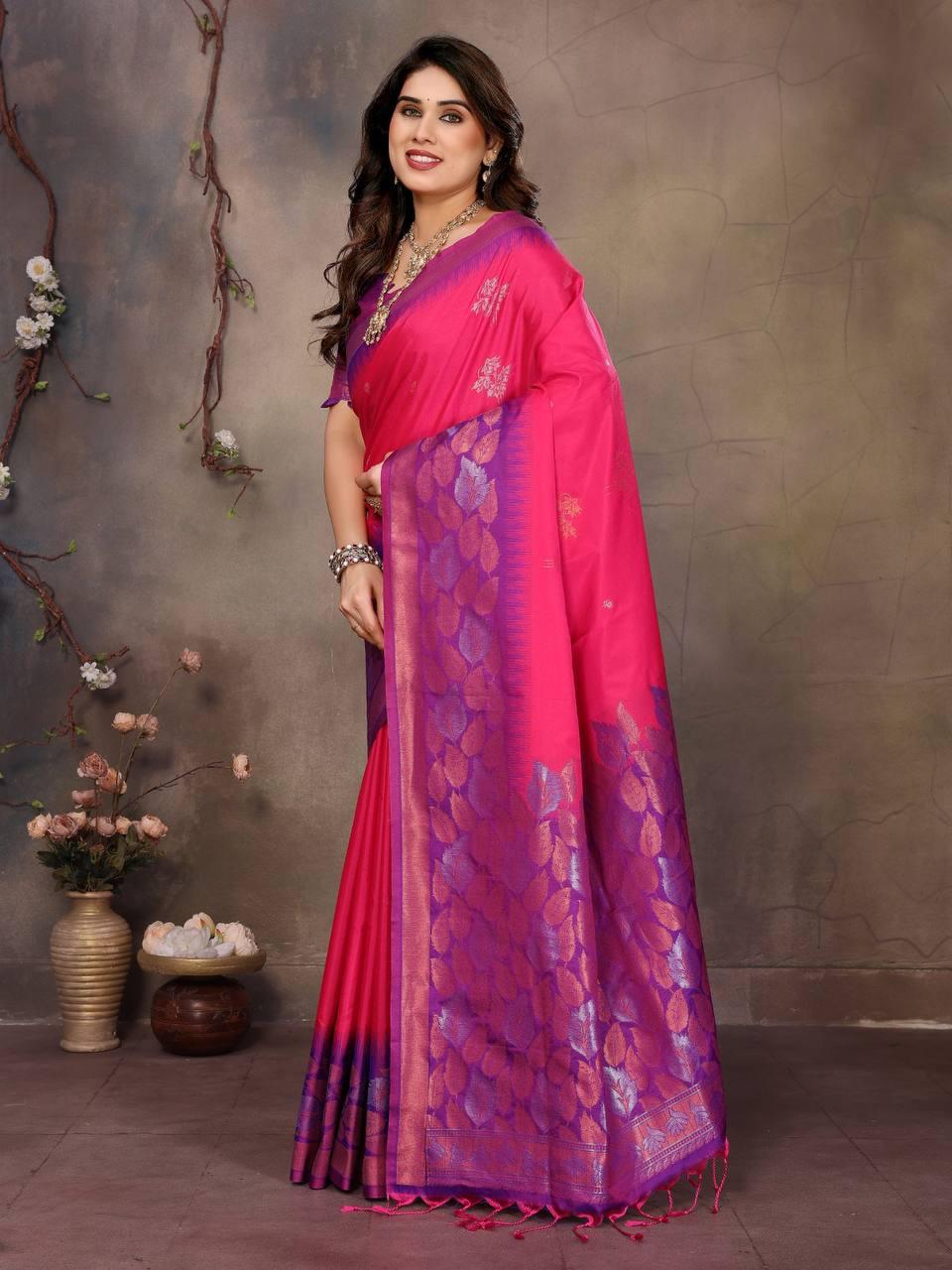 Hypnotic Magenta Soft Banarasi Silk Saree With Gossamer Blouse Piece