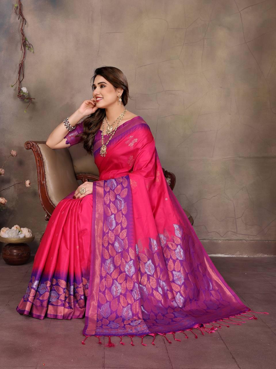 Hypnotic Magenta Soft Banarasi Silk Saree With Gossamer Blouse Piece