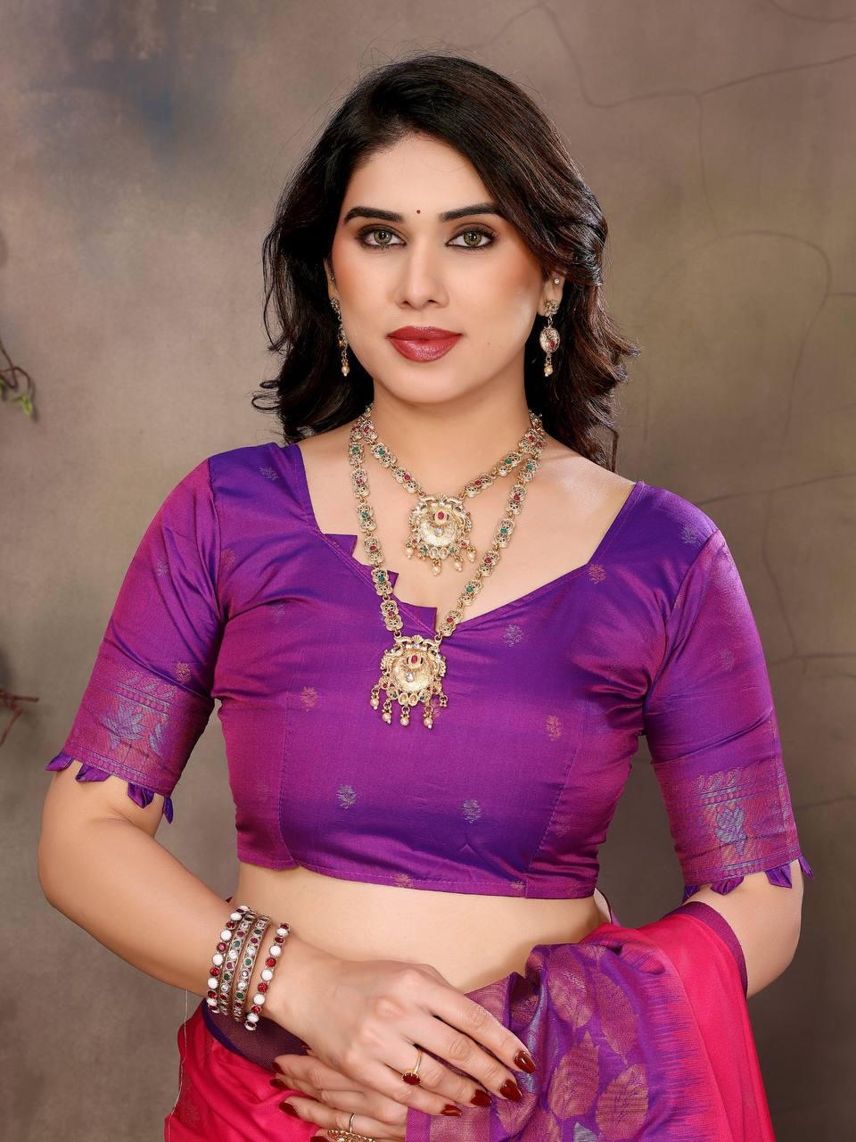 Hypnotic Magenta Soft Banarasi Silk Saree With Gossamer Blouse Piece