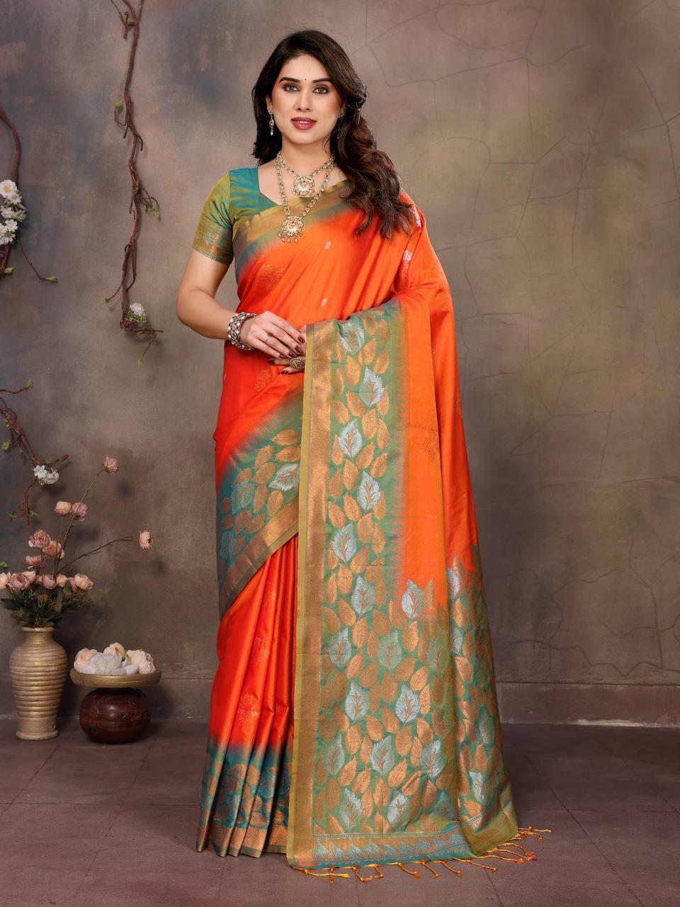 Exuberant Orange Soft Banarasi Silk Saree With Panoply Blouse Piece