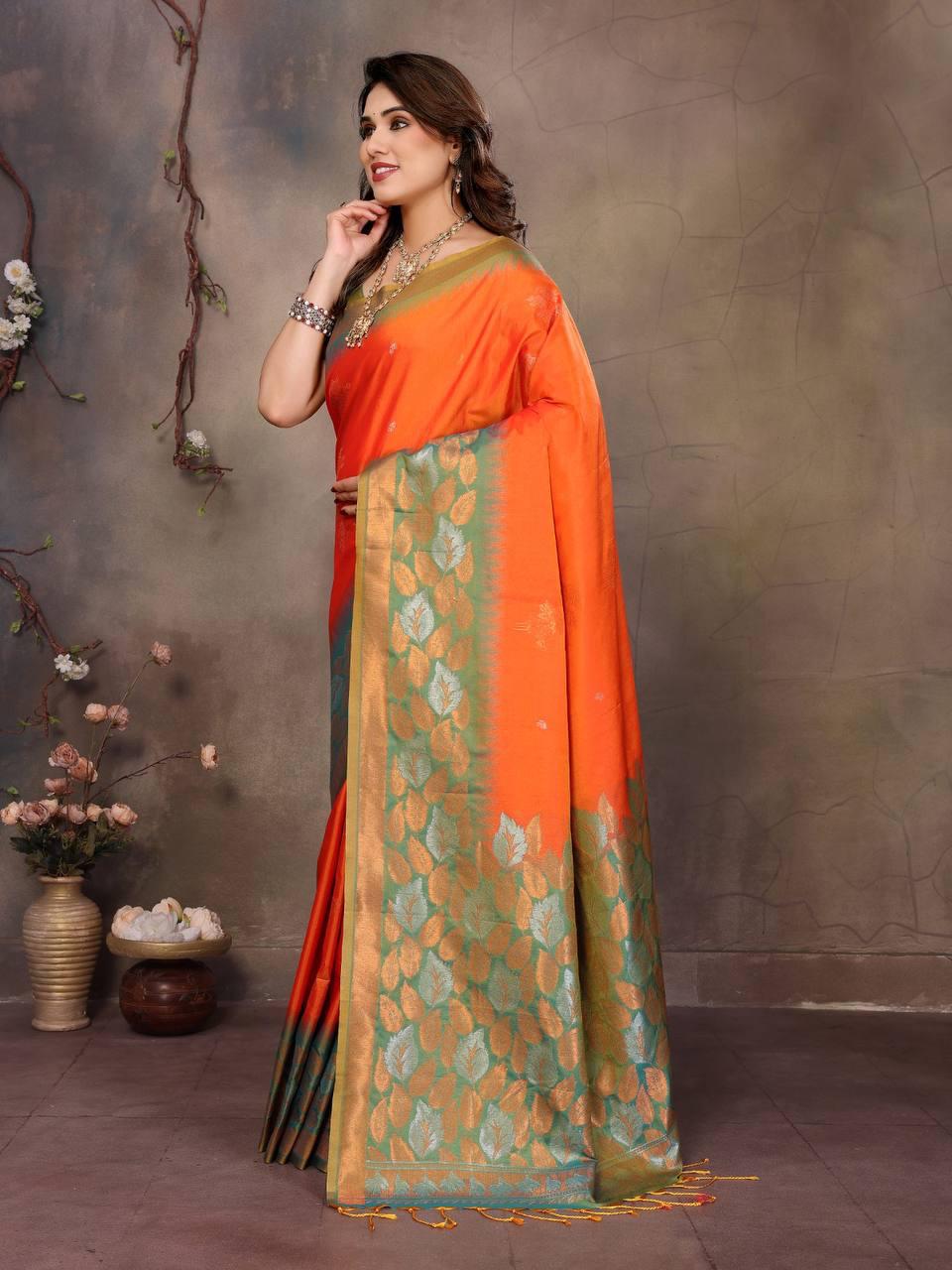 Exuberant Orange Soft Banarasi Silk Saree With Panoply Blouse Piece