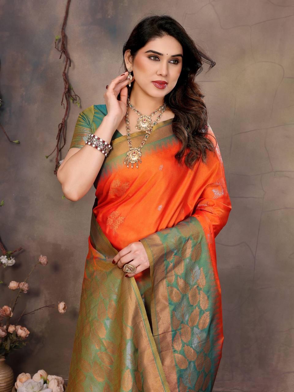 Exuberant Orange Soft Banarasi Silk Saree With Panoply Blouse Piece