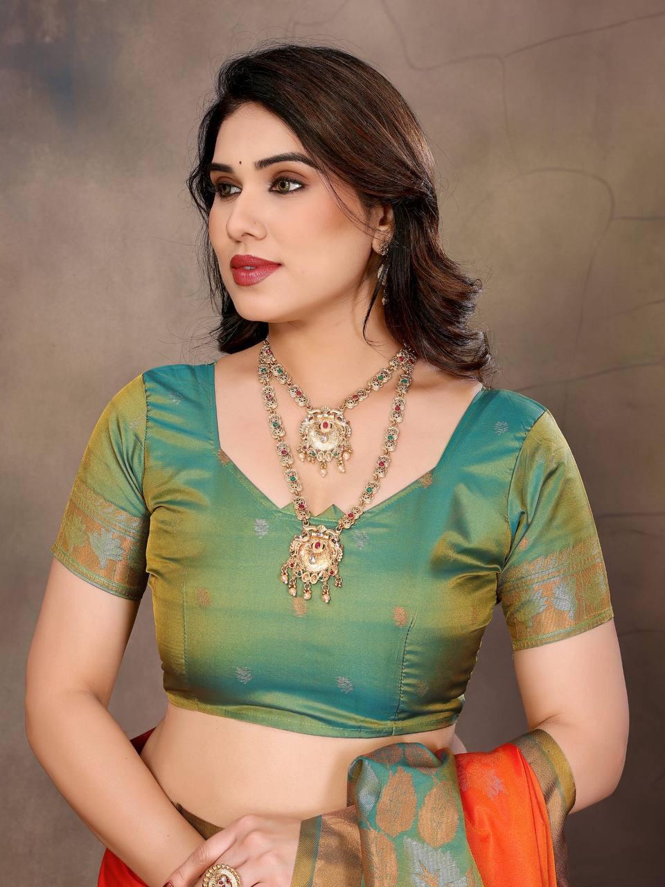 Exuberant Orange Soft Banarasi Silk Saree With Panoply Blouse Piece