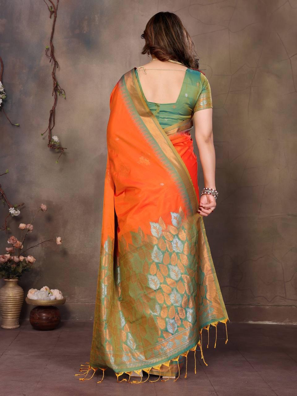Exuberant Orange Soft Banarasi Silk Saree With Panoply Blouse Piece