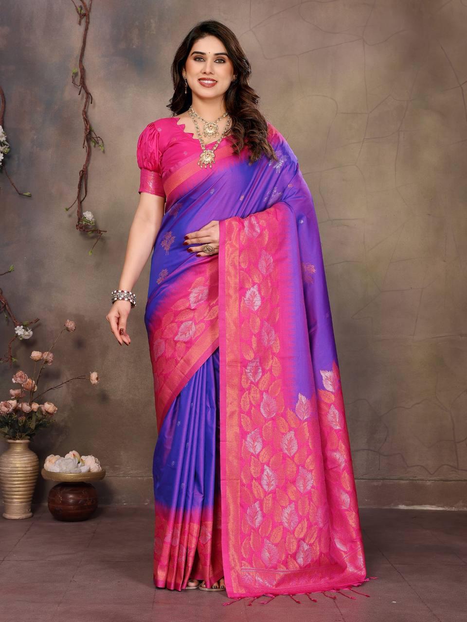 Adoring Purple Soft Banarasi Silk Saree With Panache Blouse Piece