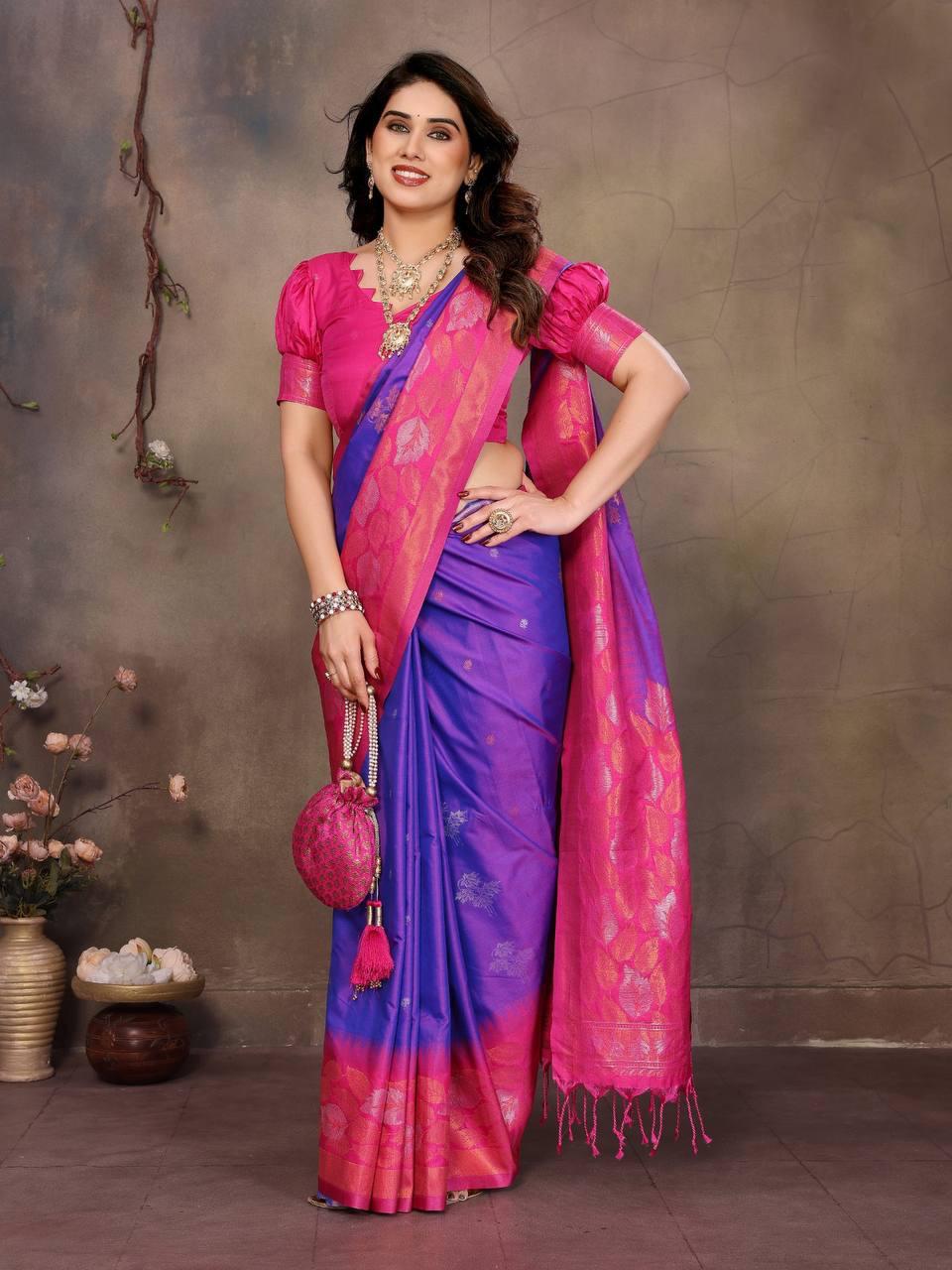 Adoring Purple Soft Banarasi Silk Saree With Panache Blouse Piece