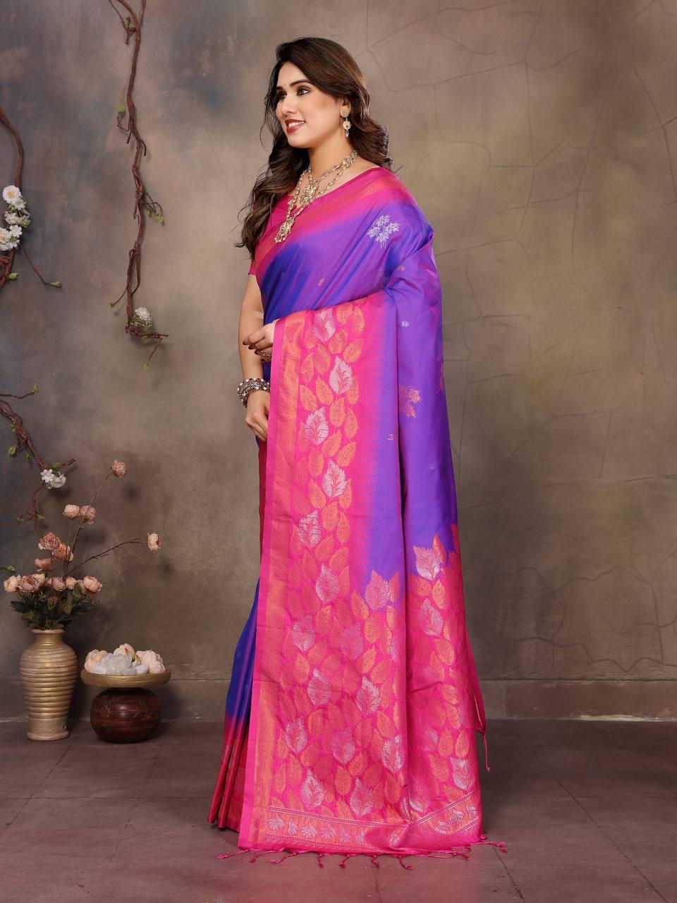 Adoring Purple Soft Banarasi Silk Saree With Panache Blouse Piece