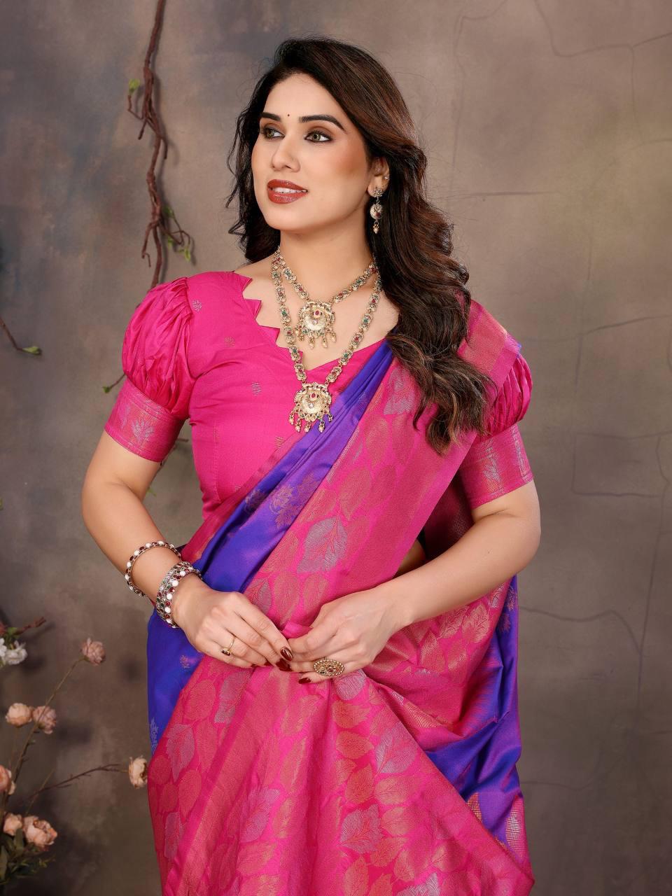 Adoring Purple Soft Banarasi Silk Saree With Panache Blouse Piece