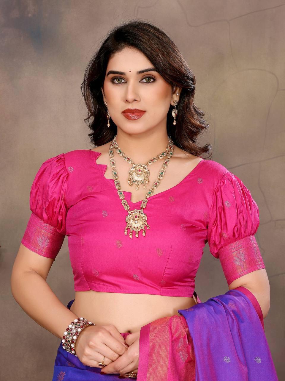 Adoring Purple Soft Banarasi Silk Saree With Panache Blouse Piece