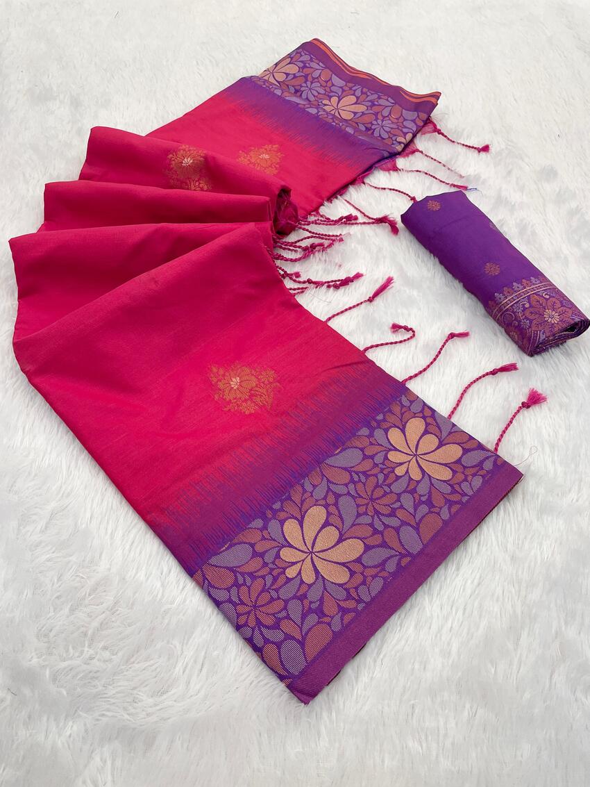 Blooming Dark Pink Soft Banarasi Silk Saree With Lagniappe Blouse Piece