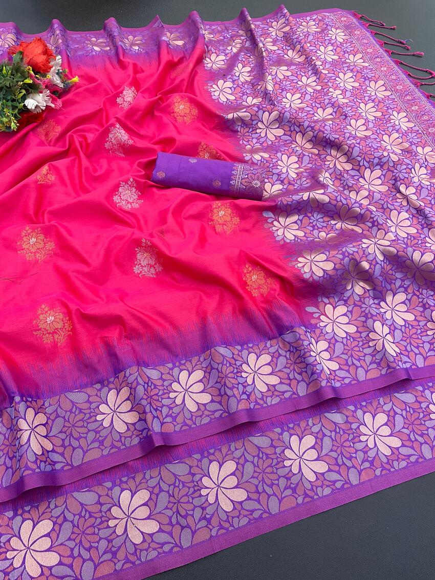 Blooming Dark Pink Soft Banarasi Silk Saree With Lagniappe Blouse Piece